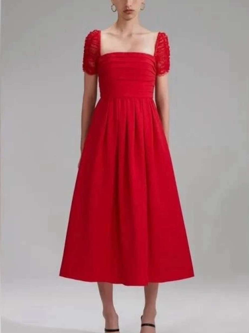 Self-Portrait Red Square-Neck Midi Dress with Puff Sleeves Size US 6